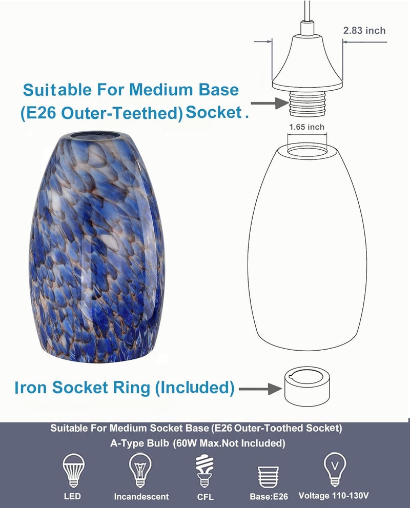 karyfine Hand Blown Art Glass Lamp Shade for Lighting Fixture Replacement Oval Glass Shade Height 7.48inch,Fitter 1.65inch,Max Diameter 4.7inch for ceiling pendant lights for kitchen (Blue) - Image 3